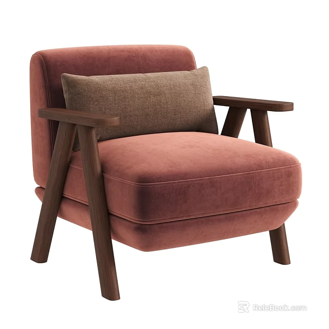 Stylish Warm Pink Velvet Leisure Chair With Solid Wood Armrests And Soft Brown Throw Pillow 3d model 
