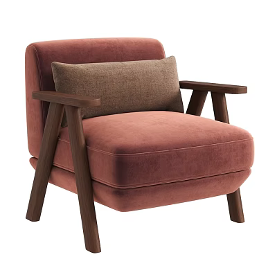 Stylish Warm Pink Velvet Leisure Chair With Solid Wood Armrests And Soft Brown Throw Pillow 3d model