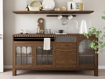 Wooden Sideboard With Glass Doors And Shelf Holding Plates Bottles Books And Plant 3d model
