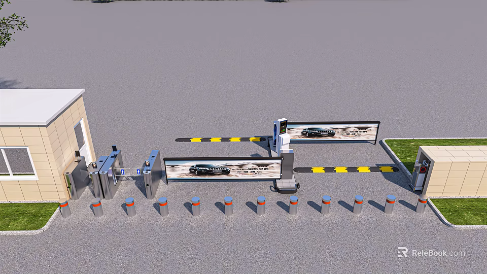 Public Facility Parking Entrance With Automatic Barrier Gate And Security Bollards 3d model