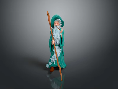Elderly Man in Green Robe with Long Beard Holding Wooden Staff Against Dark Background 3d model