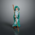 Elderly Man in Green Robe with Long Beard Holding Wooden Staff Against Dark Background