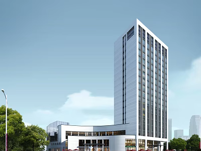 Modern Commercial Complex High Rise Building With Glass Facade And Urban Greenery 3d model