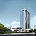 Modern Commercial Complex High Rise Building With Glass Facade And Urban Greenery