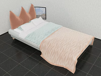 Kids Bed with Crown Shaped Cushions Pink Green and White Bedding Design 3d model