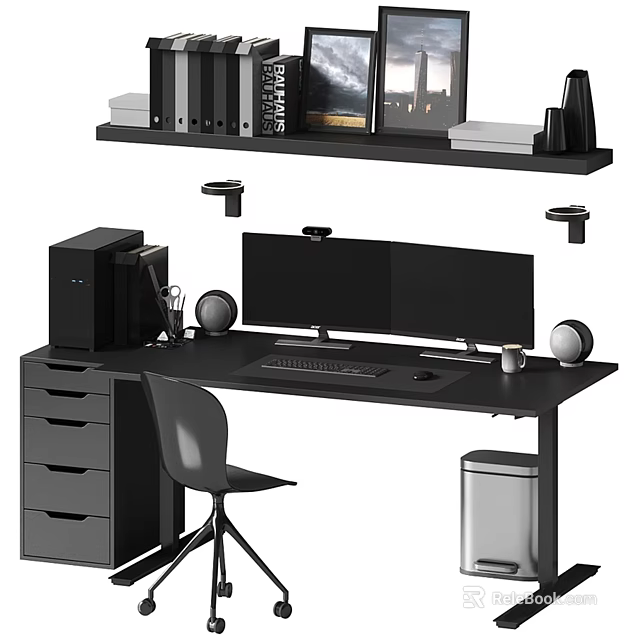 Modern Home Office Desk With Dual Monitors Keyboard Mouse Pad Coffee Cup Chair And Shelf 3d model 