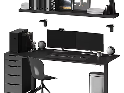 Modern Home Office Desk With Dual Monitors Keyboard Mouse Pad Coffee Cup Chair And Shelf 3d model