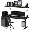 Modern Home Office Desk With Dual Monitors Keyboard Mouse Pad Coffee Cup Chair And Shelf