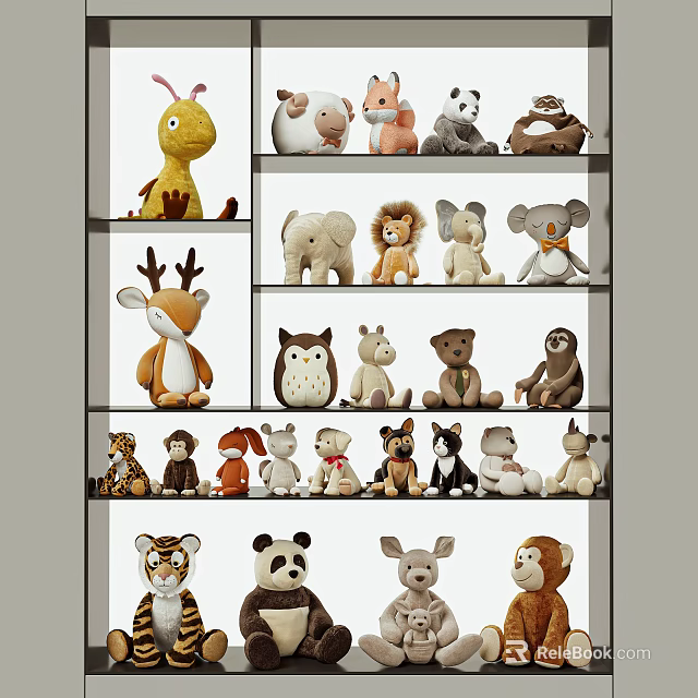 Various Animal Stuffed Plush Toys Displayed on Shelves for Kids 3d model 