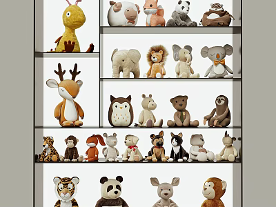 Various Animal Stuffed Plush Toys Displayed on Shelves for Kids 3d model