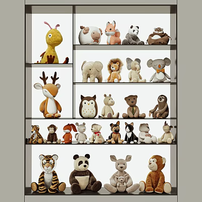 Various Animal Stuffed Plush Toys Displayed on Shelves for Kids 3d model