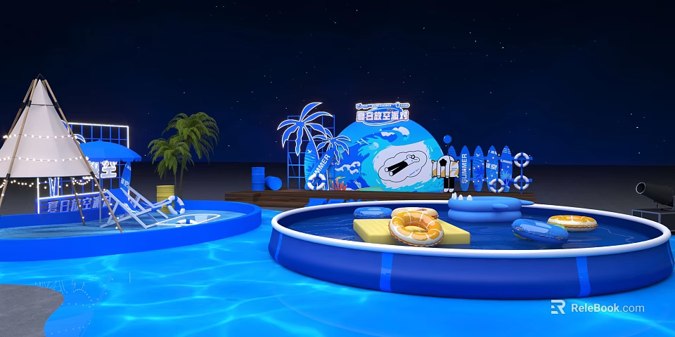 Colorful Summer Water Park With Inflatable Blue Pool Slide Palm Trees And Surfboards 3d model 