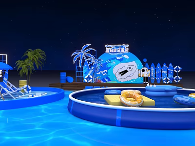 Colorful Summer Water Park With Inflatable Blue Pool Slide Palm Trees And Surfboards 3d model
