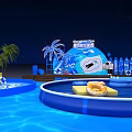 Colorful Summer Water Park With Inflatable Blue Pool Slide Palm Trees And Surfboards