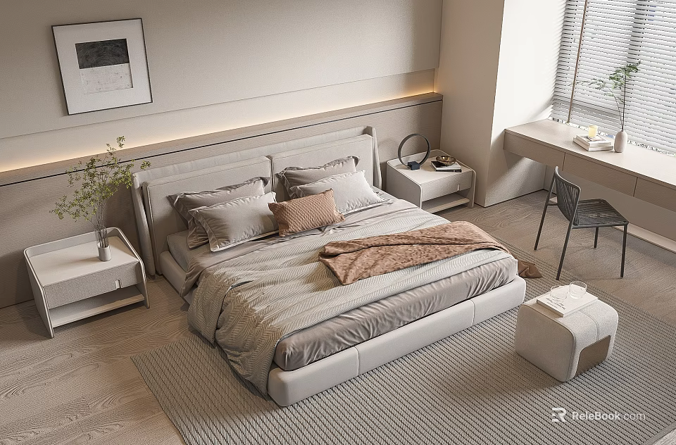 Double Bed With Upholstered Headboard In Modern Bedroom Interior With Neutral Bedding Nightstands And Desk 3d model 