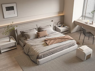 Double Bed With Upholstered Headboard In Modern Bedroom Interior With Neutral Bedding Nightstands And Desk 3d model