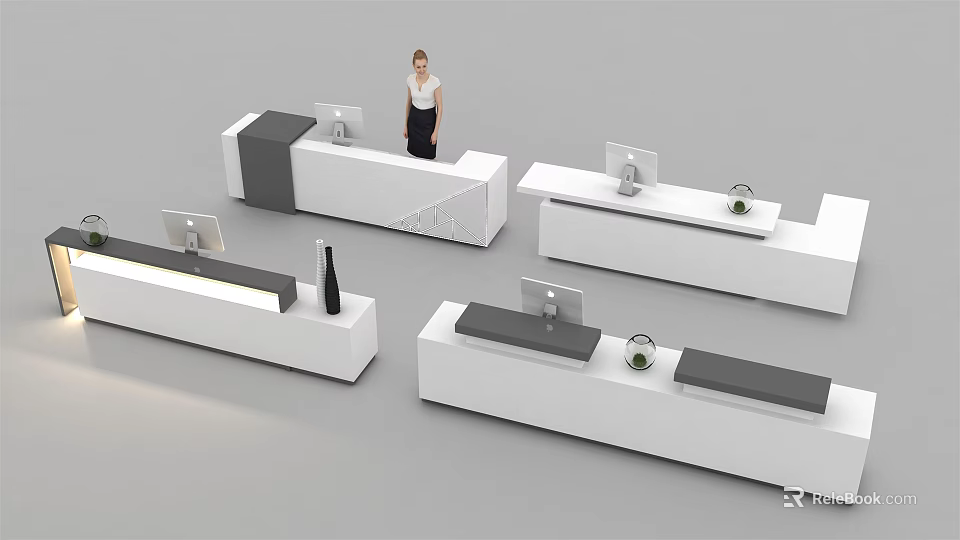 Modern Reception Desk White Black Surface With Computer Monitors And Decorative Items 3d model