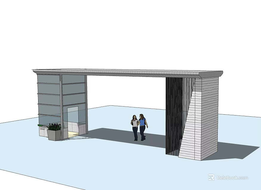 Modern Entrance Gate With Glass Panels Vertical Slats And Two People Standing 3d model 