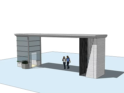 Modern Entrance Gate With Glass Panels Vertical Slats And Two People Standing 3d model