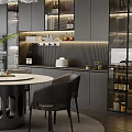 Modern Restaurant Interior With Round White Dining Table Black Chairs Gray Cabinets And Chandelier