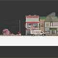 Cartoon City Scene with Red Roof Buildings Pink Cherry Blossom Trees and White Street Car