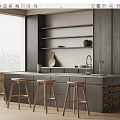 Modern Kitchen Interior With Sleek Gray Cabinets Island Stools And Built In Wine Rack