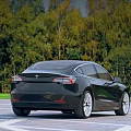 Black Tesla Sedan Parked On Pavement With Green Forest Background