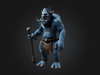 Blue Troll Mythical Creature Standing With Wooden Staff And Tattered Clothing 3d model