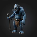 Blue Troll Mythical Creature Standing With Wooden Staff And Tattered Clothing