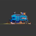 Blue Camper Van With Camping Gear Umbrella Barrel Tire And Rocks