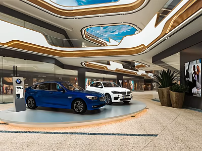 Shopping Mall Lobby Central Display With Blue And White BMW Cars 3d model