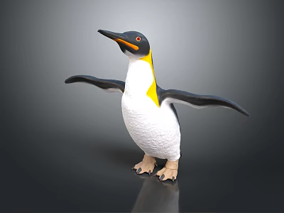Penguin Figure with Black Back White Belly Yellow Neck Open Wings Standing on Dark Background 3d model