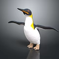 Penguin Figure with Black Back White Belly Yellow Neck Open Wings Standing on Dark Background