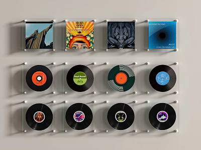 Decorative Wall Hangings With Square Prints And Round Vinyl Records In Clear Frames On Wall 3d model