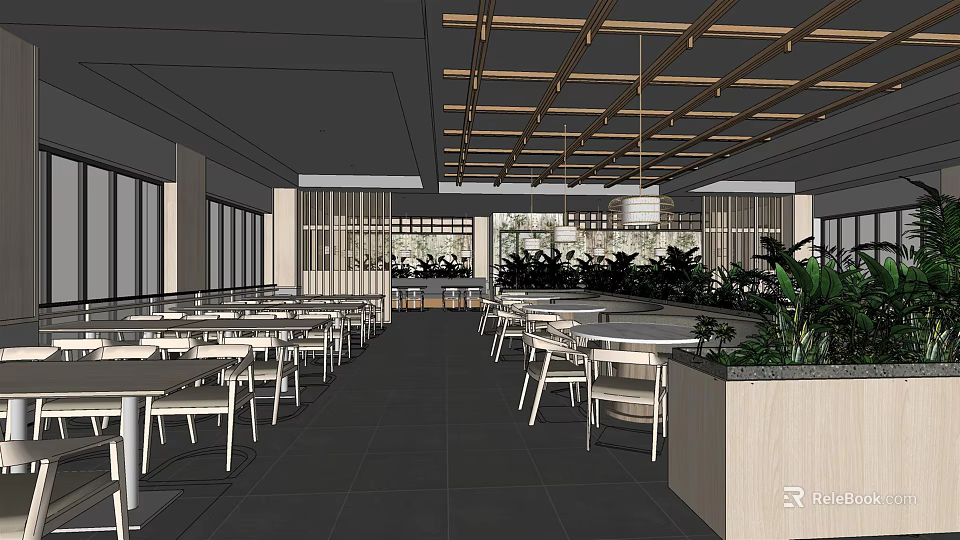 Spacious Restaurant Interior With Wooden Ceiling Large Windows Tables Chairs And Green Plants 3d model 