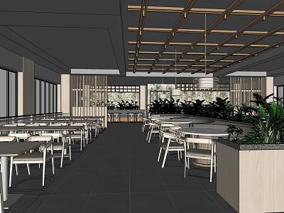 Spacious Restaurant Interior With Wooden Ceiling Large Windows Tables Chairs And Green Plants 3d model