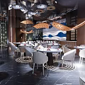 Modern Hotpot Restaurant Interior With Stylish Tables Chairs And Circular Lighting Decor