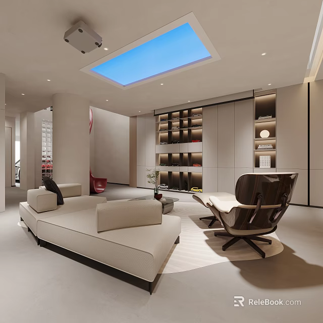 Modern Basement Living Space With Sofa Chair Storage And Skylight 3d model 