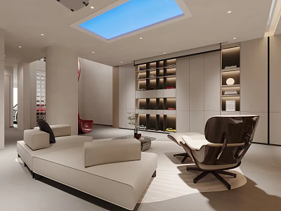 Modern Basement Living Space With Sofa Chair Storage And Skylight 3d model
