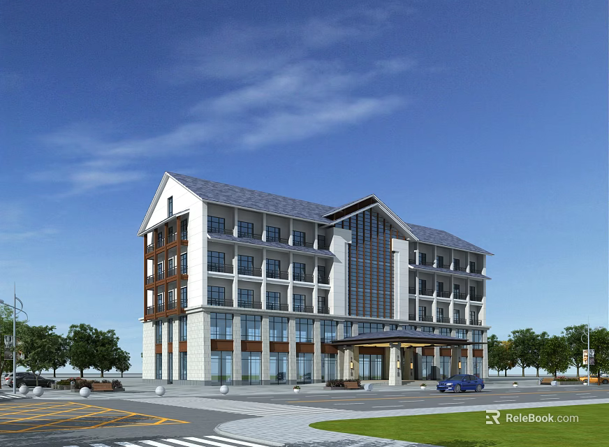 Multi story Hotel Building With Modern Traditional Style Glass Windows And Surrounding Trees 3d model 