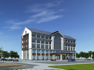 Multi story Hotel Building With Modern Traditional Style Glass Windows And Surrounding Trees 3d model