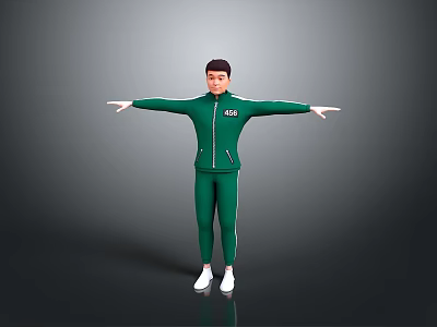 Man In Green Tracksuit With White Stripes Arms Outstretched On Gray Gradient Background 3d model