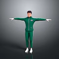 Man In Green Tracksuit With White Stripes Arms Outstretched On Gray Gradient Background