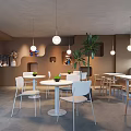 Modern Sweet Shop Interior With Cozy Tables Chairs Dessert Display Lighting And Green Plants
