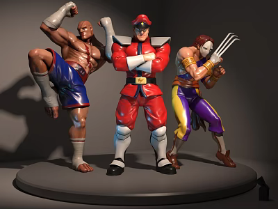 Action Figures Fighting Style Colorful Costumes Battle Poses On Black Display Base 3d model