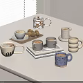 Delicious Assorted Cookies And Coffee In Various Mugs On White Table With Book