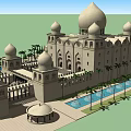 Traditional Hotel Building With Beige Domes Arched Windows Columns And Palm Trees