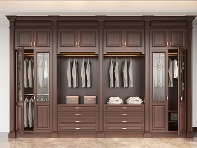 Dark Brown Wooden Wardrobe Interior With Glass Doors Hanging Rods And Drawers 3d model