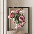 Pink Peonies in Glass Vase on Square Pedestal with Decorative Painting and Natural Light