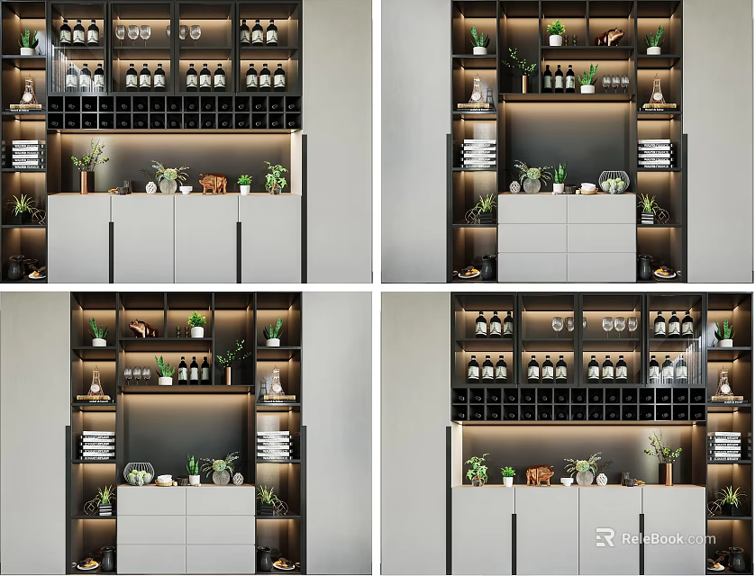 Modern Wine Cabinet With Multi tiered Shelves Green Plants And Storage Cabinets 3d model 